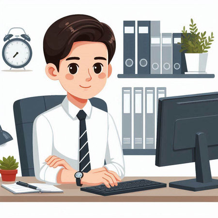 Cartoon businessman sitting at the desk in office. Vector illustration.のイラスト素材