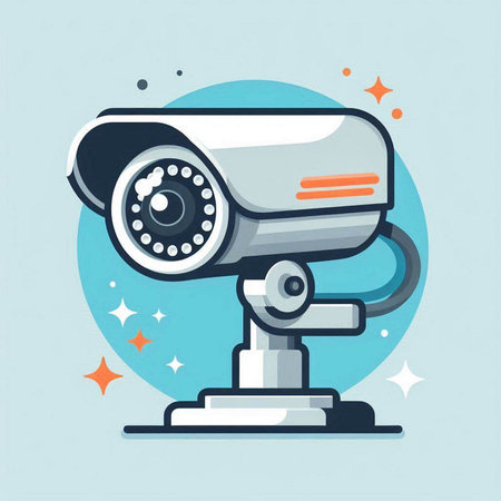 Vector illustration of security camera on blue background. Flat style design.のイラスト素材