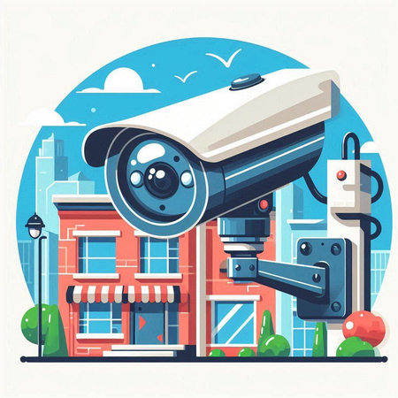 Vector illustration of security camera on the background of a building in the cityのイラスト素材