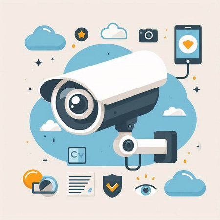 Vector illustration of security camera and cloud computing concept. Flat style design.のイラスト素材