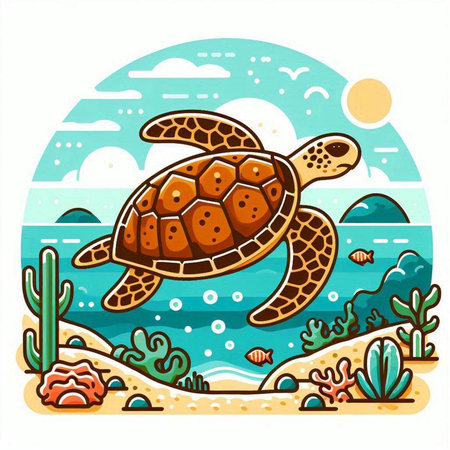 Sea turtle on the seashore. Vector illustration in flat styleのイラスト素材