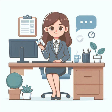 Businesswoman sitting at the desk in office. Vector illustration in cartoon style.のイラスト素材