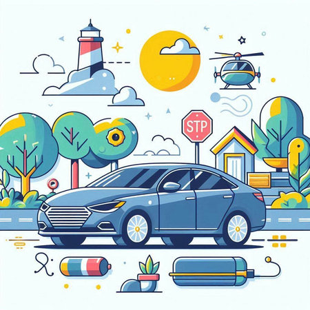 Cars in the city. Urban life. Vector illustration in line styleのイラスト素材