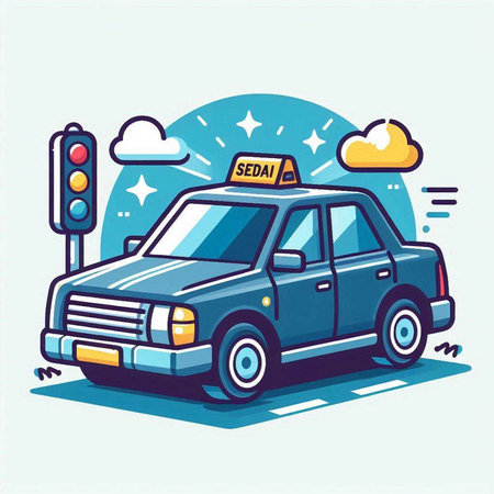 Taxi car with traffic light. Vector illustration in cartoon style.のイラスト素材