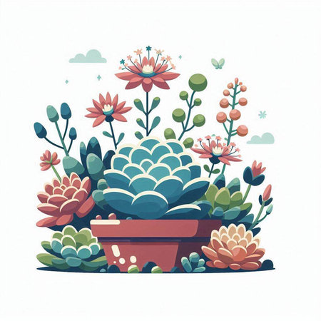 Vector illustration of succulents in pots. Cactus with flowers.のイラスト素材