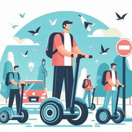 People riding electric scooter in the city. Flat vector illustration.のイラスト素材