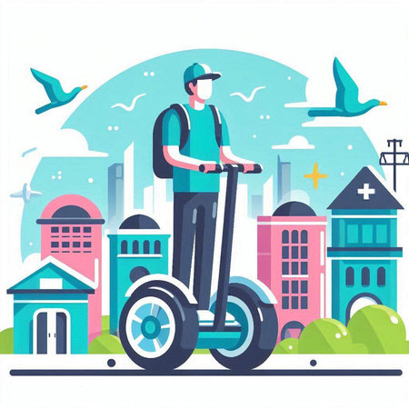 Man riding electric scooter in the city. Vector illustration in flat styleのイラスト素材