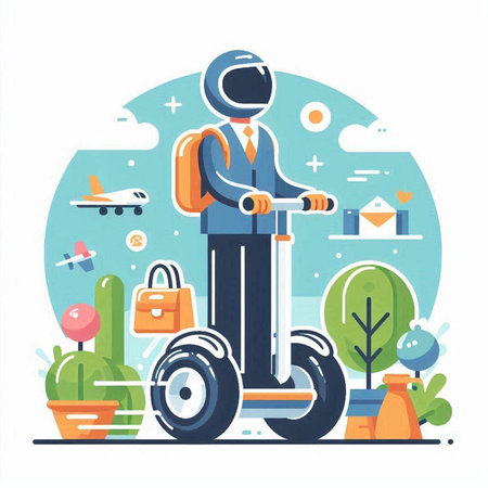 Vector illustration with businessman riding electric scooter in flat style. Modern transport concept.のイラスト素材