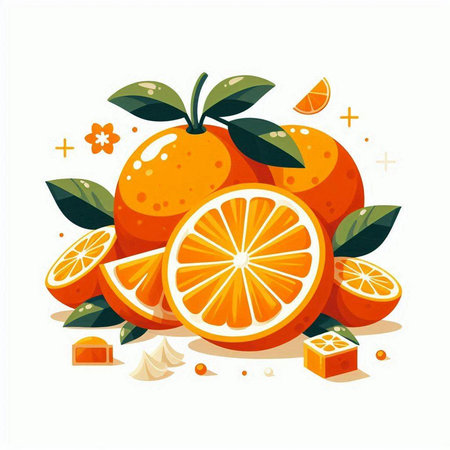 Orange fruit vector illustration. Whole and cut orange fruits with leaves and slices.のイラスト素材