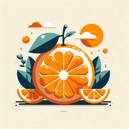 Orange fruit with leaves and sun. Vector illustration in flat style.のイラスト素材