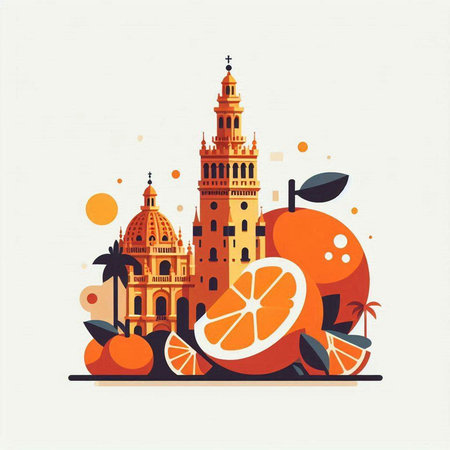 Citrus fruits with famous landmarks of Spain. Vector illustration.のイラスト素材