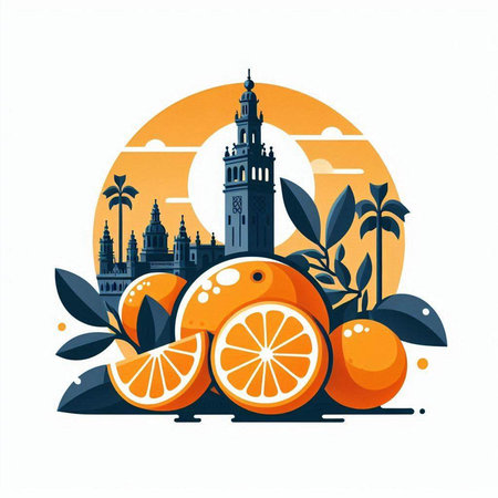Tangerines and mosque in the background. Vector illustration in flat style.のイラスト素材