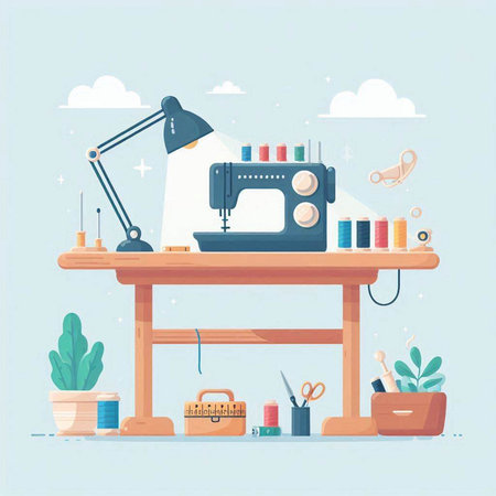 Sewing workshop flat vector illustration. Sewing machine, tools and equipment on table.のイラスト素材
