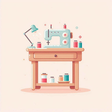 Sewing machine on the table. Vector illustration in flat styleのイラスト素材