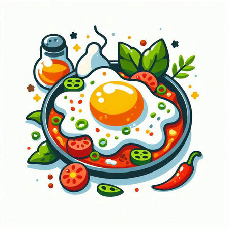 Fried eggs in a frying pan with vegetables. Vector illustration.のイラスト素材