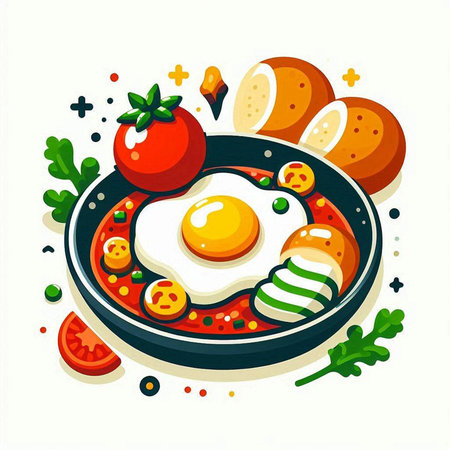 Fried eggs in a frying pan with vegetables. Vector illustration.のイラスト素材