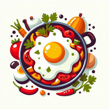 Fried egg in frying pan with vegetables and herbs. Vector illustration.のイラスト素材