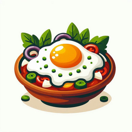 Bowl of fried egg with vegetables and herbs. Vector illustration.のイラスト素材
