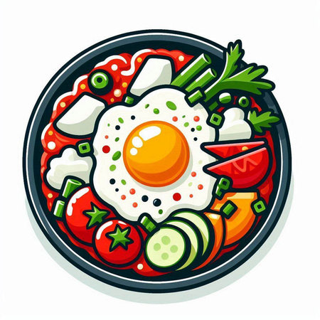 Fried egg with vegetables in a plate on a white background.のイラスト素材