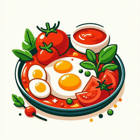 Illustration of fried eggs in a frying pan with tomato sauce.のイラスト素材