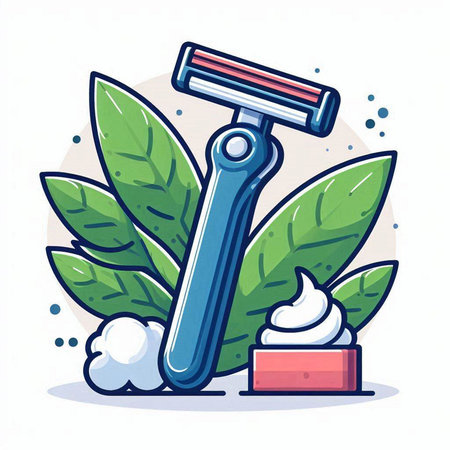 Hair removal razor with green leaves and cream. Vector illustration.のイラスト素材