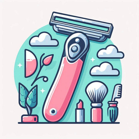 Vector illustration of pink razor blade in flat line style. Shaving equipment.のイラスト素材
