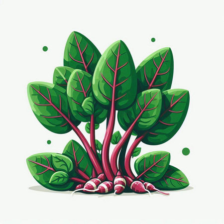 Illustration of a bunch of beet leaves with radishes on a white backgroundのイラスト素材