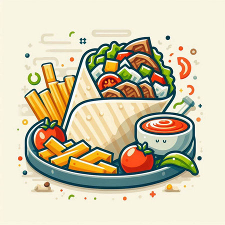 Vector illustration of fast food meal. Taco with vegetables and sauce.のイラスト素材