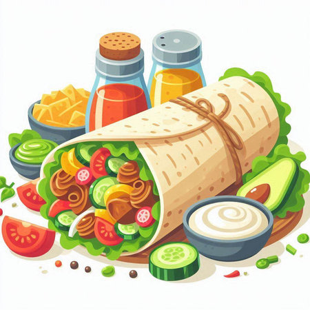 Mexican burrito with vegetables and sauce. Vector illustration in cartoon styleのイラスト素材