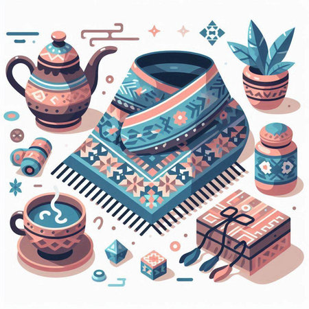 Cup of tea and teapot in ethnic style. Vector illustration.のイラスト素材