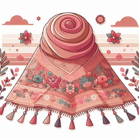 Vector illustration of a pink shawl with a pattern and flowersのイラスト素材
