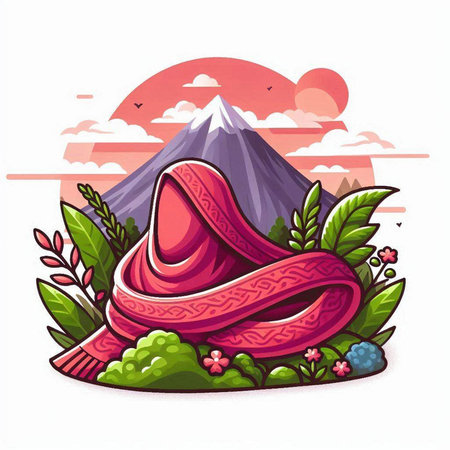 Mountains with a red ribbon. Vector illustration on white background.のイラスト素材