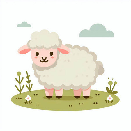 Sheep in the field. Cute cartoon character. Vector illustration.のイラスト素材
