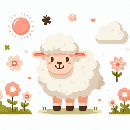 Illustration of a Cute Sheep with Flowers and Clouds in the Backgroundのイラスト素材