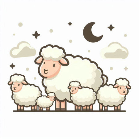Sheep and moon in the sky. Cute cartoon vector illustration.のイラスト素材