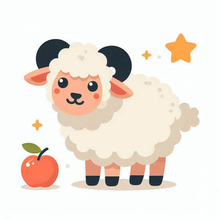 Cute cartoon sheep and apple. Vector illustration on white background.のイラスト素材