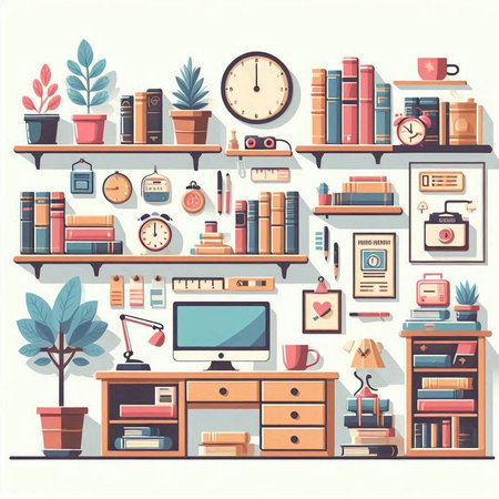 Bookshelf with books and items. Flat style vector illustration.のイラスト素材