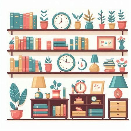 Bookshelf with books, clocks and plants. Flat vector illustration.のイラスト素材
