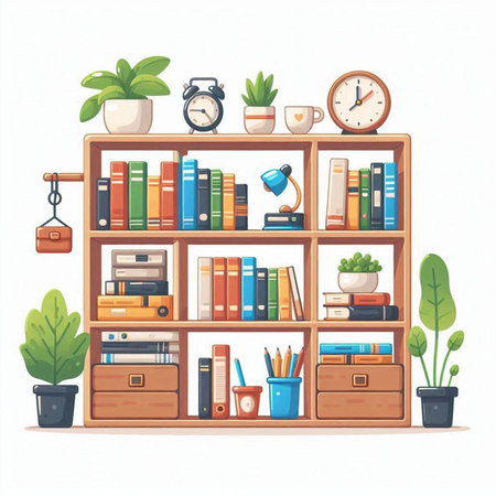 Bookshelf with books and accessories. Vector illustration in cartoon styleのイラスト素材