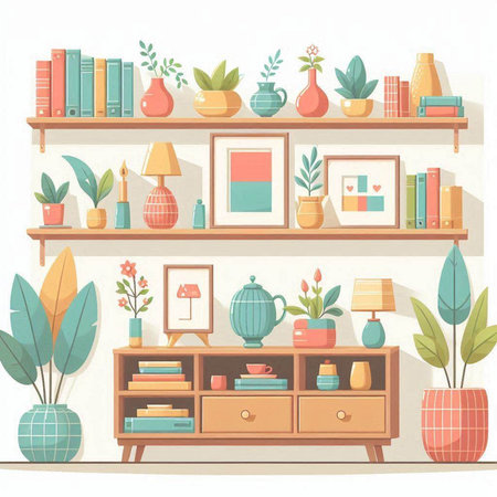 Bookshelf with books, potted plants and accessories. Vector illustrationのイラスト素材