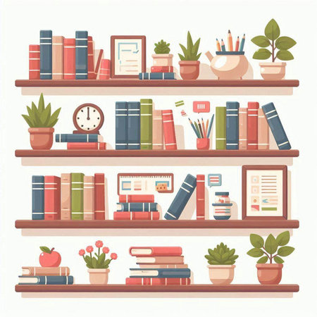 Bookshelves with books and plants. Vector illustration in flat styleのイラスト素材
