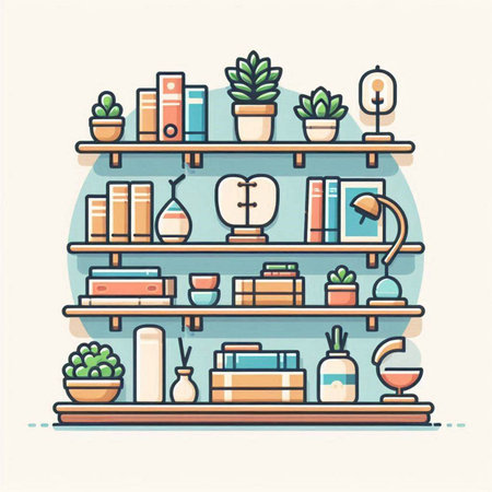 Bookshelf with books and potted plants. Vector illustration.のイラスト素材