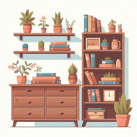 Bookshelf with books and potted plants. Vector illustration.のイラスト素材