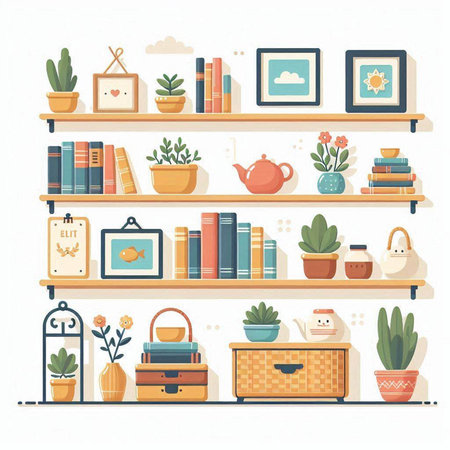 Vector illustration of bookshelves with various home related objects. Flat style design.のイラスト素材