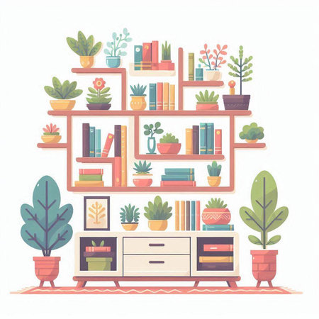 Bookshelf with books and plants. Vector illustration in flat styleのイラスト素材
