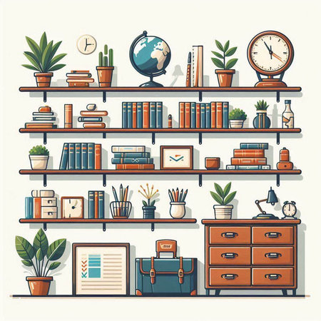 Bookshelf with books and accessories. Flat style vector illustration.のイラスト素材