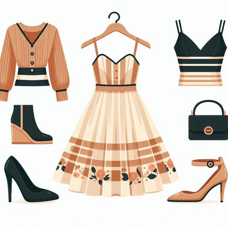 Women's clothing and accessories. Women's clothing. Vector illustration.のイラスト素材