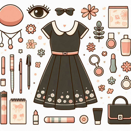 Cosmetics and accessories. Vector illustration of a woman's dress.のイラスト素材