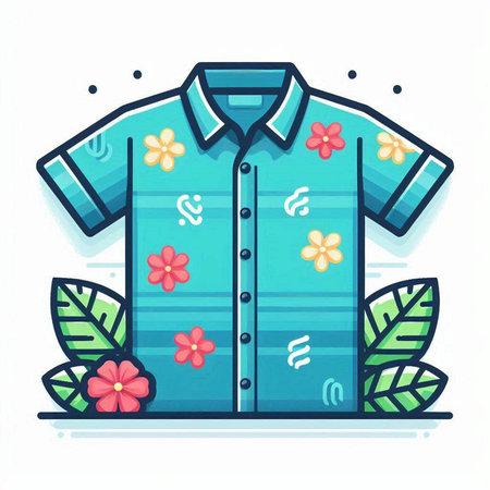 Flat design vector illustration of blue shirt with flowers and leaves.のイラスト素材