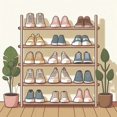 Illustration of a set of different shoes on a shelf in a storeのイラスト素材